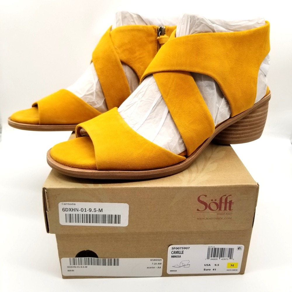 Sofft Camille Heeled Sandals Sz 9.5 M Mimosa Yellow‎ Suede Block Heel Summer